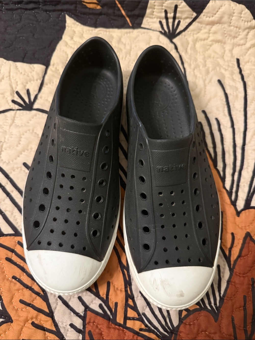 Native Black Slip-On Loafers with White Toe Caps